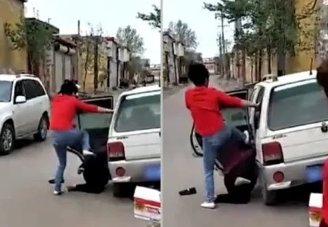 女子当街脚踹养母村民如何教训她？