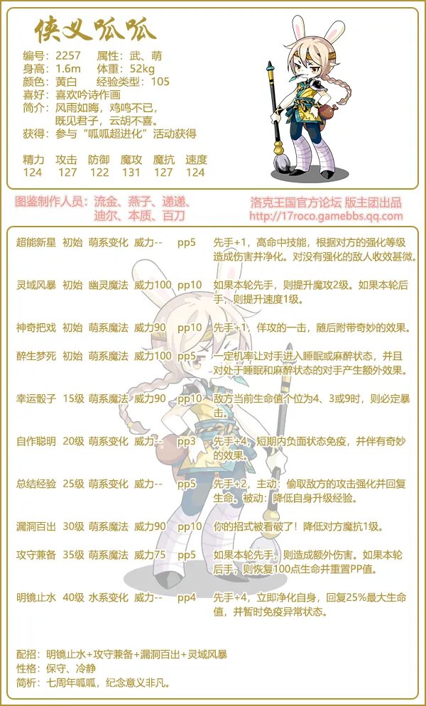 洛克王国侠义呱呱技能表