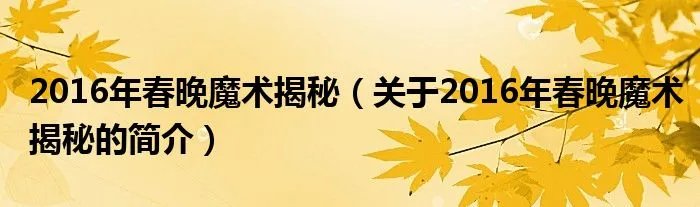 2016年春晚魔术揭秘（关于2016年春晚魔术揭秘的简介）
