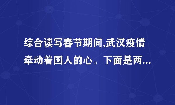 综合读写春节期间,武汉疫情牵动着国人的心。下面是两副抗疫对联,请你将下面的短语组合成两副对联,补写出第一副对联的上联,和第二副对联的下联。优怀百姓   爱暖三春   且看医者仁心涓流汇海荡初心   千里整装驰武汉   众志成城(1)第一副上联:_______________;下联:全民出手,但献凡人大爱,九州奋力送瘟神。(2)第二副上联:情倾一线,险涉千重,众志成城驱大疫;下联:_______________。学校拟举行“爱国在行动”主题活动,为了营造活动的氛围,请你围绕活动主题,拟写一条标语。