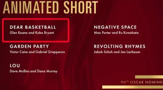 科比动画短片获奥斯卡提名了吗?