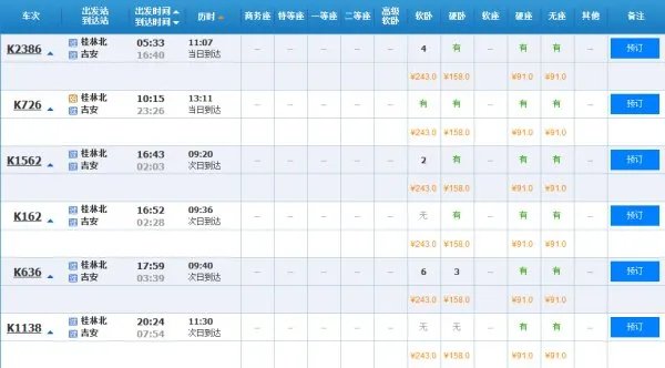 桂林北到吉安有哪些火车站时刻表共6趟 列车时刻及票价查询