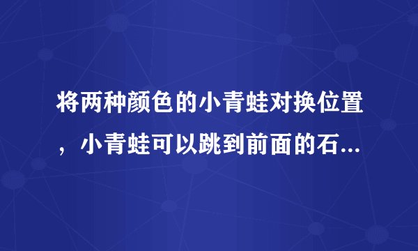 将两种颜色的小青蛙对换位置，小青蛙可以跳到前面的石头或者跳过一只小青蛙到达下一块石头。