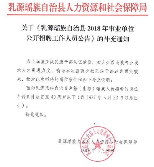 2018广东韶关市乳源瑶族自治县事业单位招聘补充公告